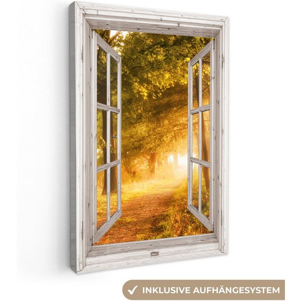 OneMillionCanvasses® Leinwandbild Wald - Bäume - Sonnenlicht - Herbst - Weg - Natur - Fensterblick, Fotodruck (1 St), Wandbild, Deko Schlafzimmer Wohnzimmer Flu