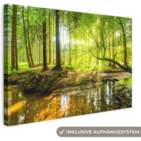 OneMillionCanvasses® Leinwandbild Wald - Landschaft - Wasser - Bäume - Sonne - Grün - Natur, Fotodruck (1 St), Leinwand Bilder Klein, Wand Dekoration Aesthetic 