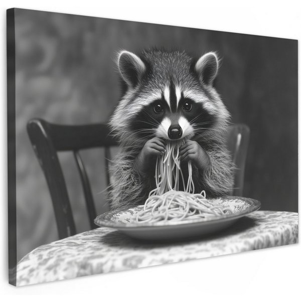 OneMillionCanvasses® Leinwandbild Waschbär - Niedlich - Pasta - Tischtuch - Schwarz - Weiß, Fotodruck (1 St), Küchenbilder Modern, Deko Bilder für die Küche 30x