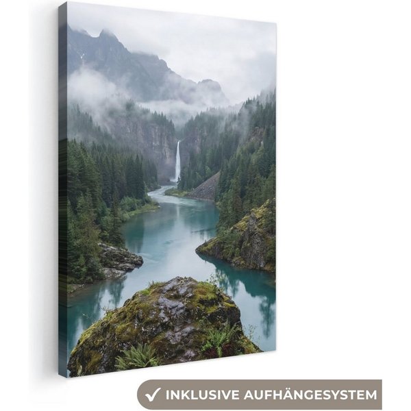 OneMillionCanvasses® Leinwandbild Wasserfall - Bäume - Berge, Fotodruck (1 St), Leinwand Canvas Wandbild, Wanddekoration 20x30 cm
