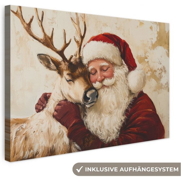 OneMillionCanvasses® Leinwandbild Weihnachtsmann - Rentier - Weihnachten, Fotodruck (1 St), Leinwand Bilder Klein, Wand Dekoration Aesthetic 30x20 cm
