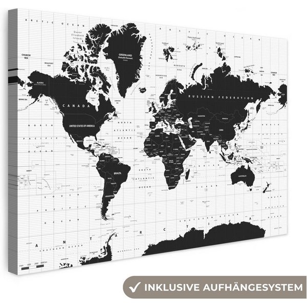 OneMillionCanvasses® Leinwandbild Weltkarte - Schwarz - Weiß - Atlas - Erde - Bildung, Fotodruck (1 St), Leinwand Bilder Klein, Wand Dekoration Aesthetic 30x20 
