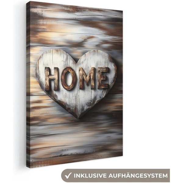OneMillionCanvasses® Leinwandbild Zuhause - Herz - Holzoptik - Liebe, Fotodruck (1 St), Leinwand Canvas Wandbild, Wanddekoration 20x30 cm