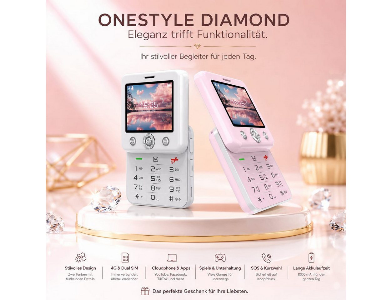 Onestyle Diamond Design-Mobiltelefon, Social-Media Funktionen, 4G, Dual-SIM Handy (Tik-Tok, Youtube, Facebook, Kamera) – Bild 2 von 5
