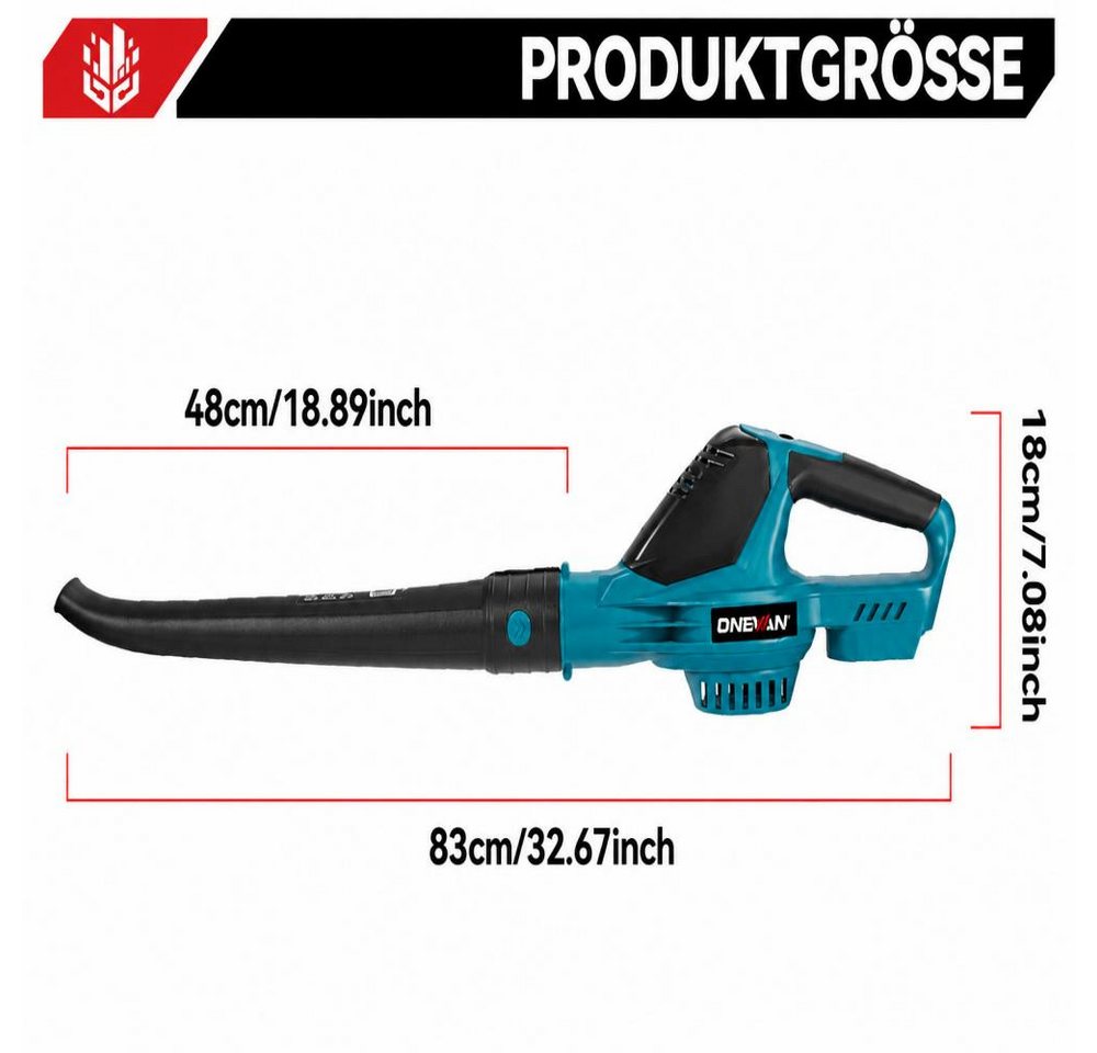 ONEVAN Akku-Laubbläser 21 V, bürstenlos, bis 180 m/s Windgeschwindigkeit, mit 2 Akkus, Leichtes Handgebläse, ideal für Garten, Laub, Staub und Schnee – Bild 2 von 5