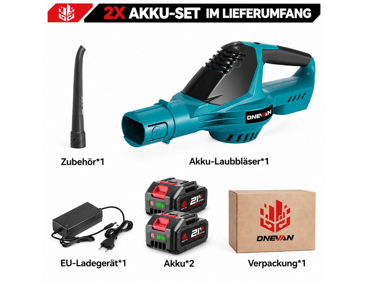 ONEVAN Akku-Laubbläser 21 V, bürstenlos, bis 180 m/s Windgeschwindigkeit, mit 2 Akkus, Leichtes Handgebläse, ideal für Garten, Laub, Staub und Schnee – Bild 3 von 5