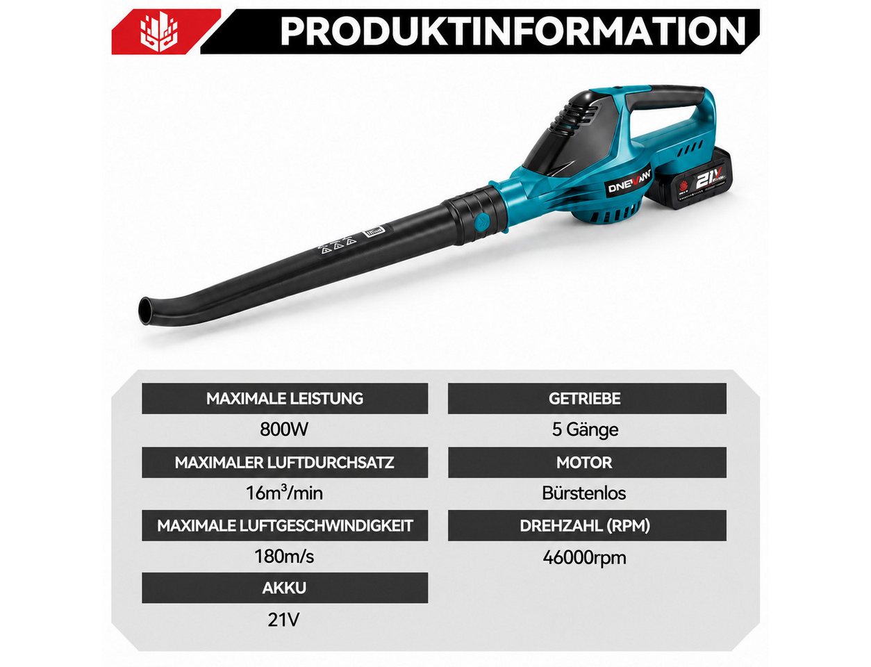 ONEVAN Akku-Laubbläser 21 V, bürstenlos, bis 180 m/s Windgeschwindigkeit, mit 2 Akkus, Leichtes Handgebläse, ideal für Garten, Laub, Staub und Schnee – Bild 4 von 5