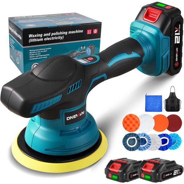 ONEVAN Akku-Poliermaschine 150 mm Exzenter mit 8 variablen Geschwindigkeiten bis 7800 U/min, 2500 min. U/min, 7800 max. U/min, Ø 150 mm, (mit 2x Akkus), für pro