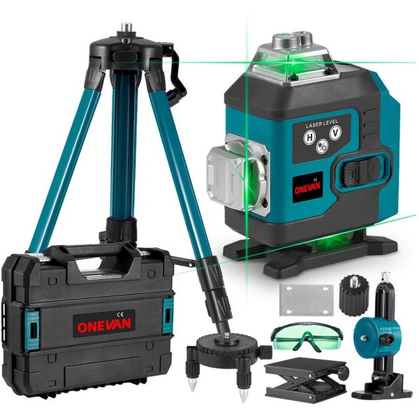 ONEVAN Laserwasserwaage 16 Linien Laser Level 4° Selbstnivellierend, 4 x 360° Laser Level, 2x Akku + Stativ, für Innenbau, Fliesen & Holz