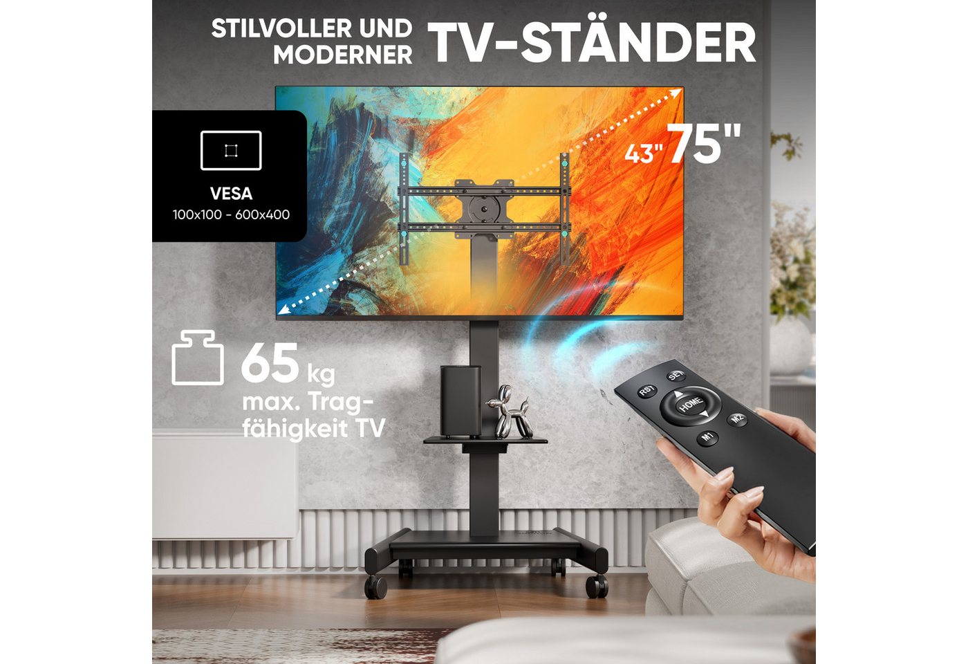 ONKRON TV-Ständer 43-75 Zoll, bis 70 kg, VESA 100x100-600x400, TS1552E-B, (bis 75 Zoll, elektrisch höhenverstellbar, rollbar, mit Ablage, Kabelmanagement) – Bild 2 von 5