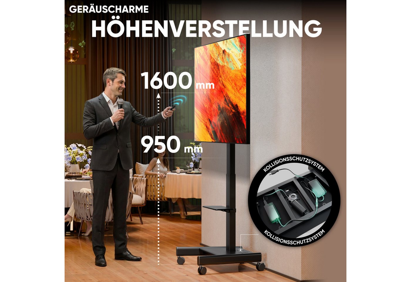 ONKRON TV-Ständer 43-75 Zoll, bis 70 kg, VESA 100x100-600x400, TS1552E-B, (bis 75 Zoll, elektrisch höhenverstellbar, rollbar, mit Ablage, Kabelmanagement) – Bild 3 von 5
