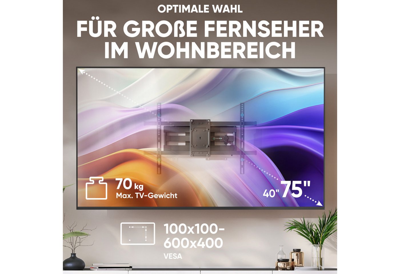 ONKRON TV-Wandhalterung 40-75 Zoll, bis 70 kg, VESA 100x100-600x400, M6L-B, (bis 75,00 Zoll, schwenkbar, neigbar, ausziehbar, Doppelarm, Kabelmanagement) – Bild 2 von 5