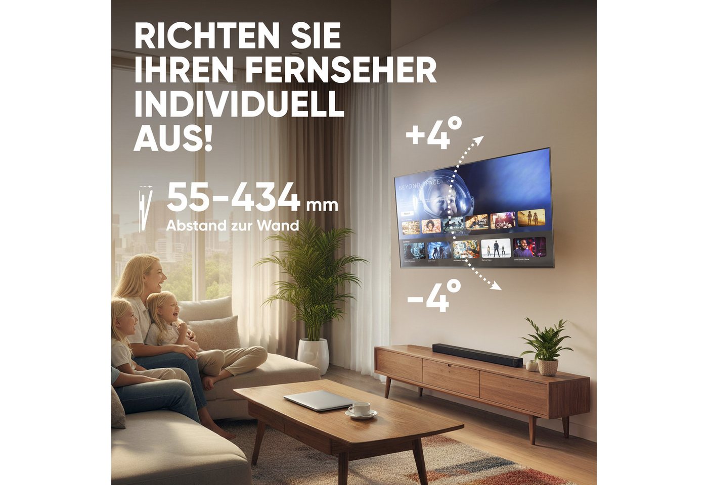ONKRON TV-Wandhalterung 40-75 Zoll, bis 70 kg, VESA 100x100-600x400, M6L-B, (bis 75,00 Zoll, schwenkbar, neigbar, ausziehbar, Doppelarm, Kabelmanagement) – Bild 3 von 5
