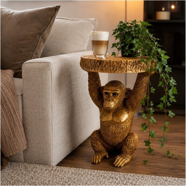 Online-Fuchs Beistelltisch goldener Affe mit runder Baumscheibe in Holz Optik - ideal für Sofa (53 cm groß, Outdoor geeignet), als Sofatisch, Nachttisch oder au