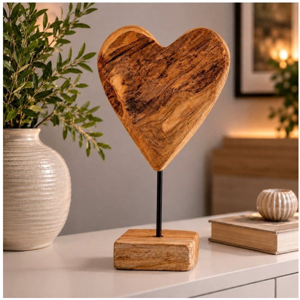 Online-Fuchs Dekofigur Herz aus Teakholz, stehend für Wohnzimmer, Schlafzimmer (40 cm hoch, moderne Dekoration), charaktervolle Holzstruktur mit warmer Ausstrah