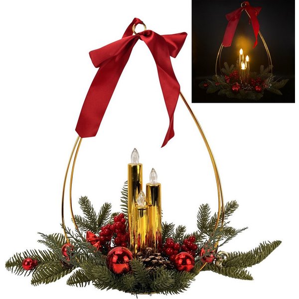 Online-Fuchs Dekokranz - Weihnachtsgesteck mit 3 LED-Stabkerzen & Timer - Deko Weihnachten, festliche Weihnachtsdeko aus Tannenzweigen und Weihnachtskugeln