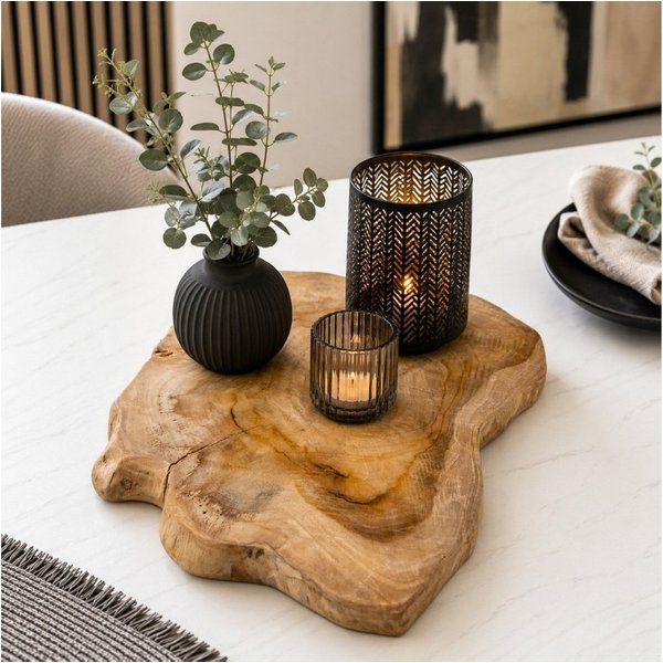 Online-Fuchs Dekotablett rustikale Deko Baumscheibe aus massiven Teakholz - 40 cm groß (Holzscheiben aus Naturholz, Tischdeko), ganzjährige Dekoration - Frühlin