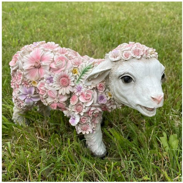 Online-Fuchs Gartenfigur süßes STEHEND Schaf mit Blumenkleid verziert Lamm Deko Tiere groß, Maße ca. 30x14x22 cm, Balkon, Terrasse