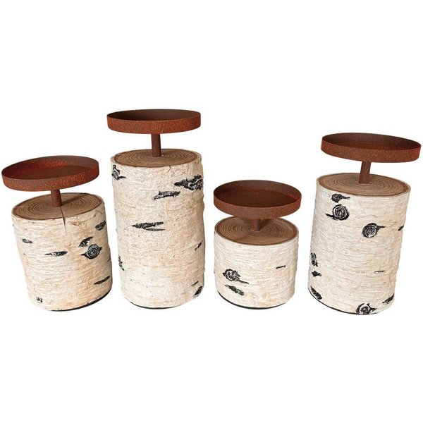 Online-Fuchs Kerzenhalter 4er Set Kerzenständer in Birkenoptik aus Polyresin & Metall (10,5 bis 17,5 cm groß, Rostoptik), Ganzjährig nutzbar, auch als Adventskr