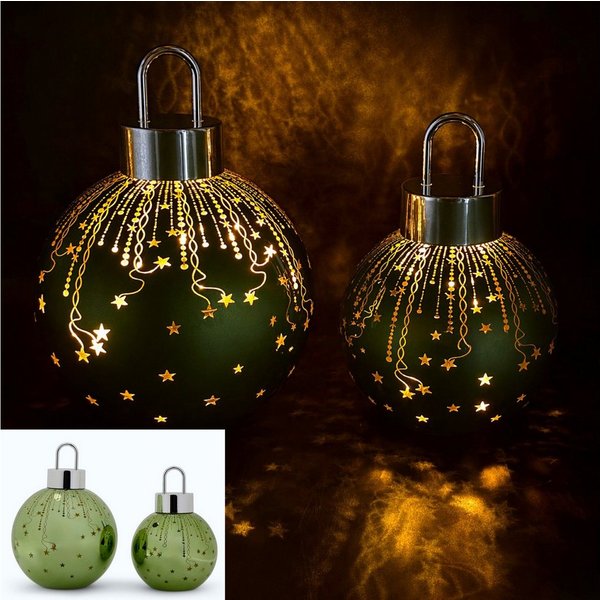 Online-Fuchs LED-Dekofigur 2 Weihnachtskugeln aus Glas mit LED-Lichterkette & Timer - Deko (ruhiges Leuchten oder Flackereffekt wählbar, Rot, Grün, Silber oder 