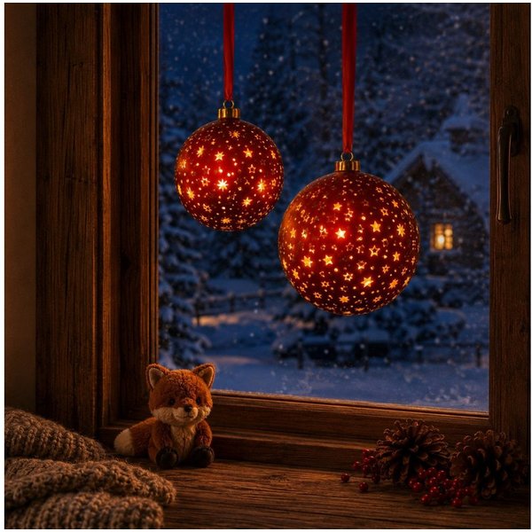 Online-Fuchs LED Dekolicht 2 Weihnachtskugeln in ROT aus Glas zum Aufhängen - Weihnachtsdeko, gelaserte Sterne und Punkte, 15 & 25 warmweiße LEDs, praktische 6-