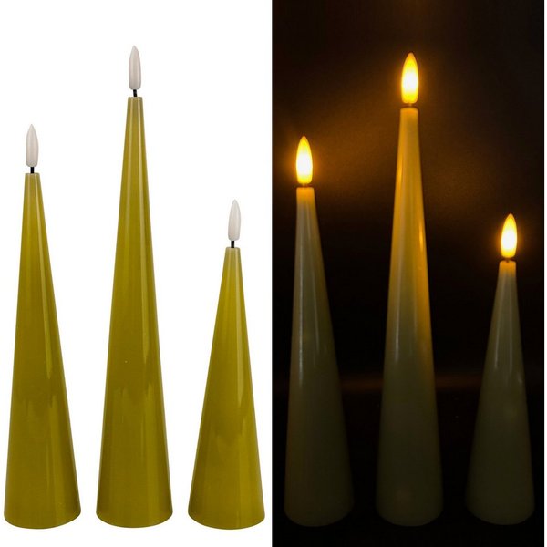 Online-Fuchs LED-Kerze 3 LED-Kerzen, Stabkerzen XL in Kegelform inklusive 6-Stunden Timer (realistische Kerzenflamme, Weiß, Grün, Gelb, Pflaume), modern - elega