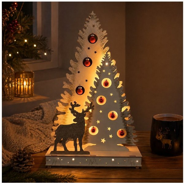 Online-Fuchs LED Lichterbogen Lichterspitze, Weihnachtsbaum mit Hirsch und Weihnachtskugeln, Weihnachtsdeko mit warmweißer LED-Beleuchtung - 477242