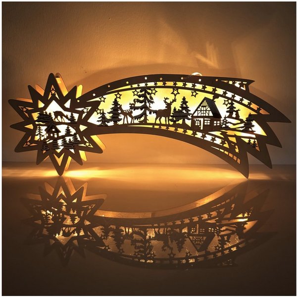 Online-Fuchs LED Lichterbogen Sternschnuppe aus Holz mit warmweißen LEDs beleuchtet - Weihnachtsdeko, inklusive 6-Stunden Timer - zum Aufhängen oder Hinstellen