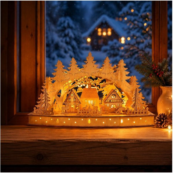 Online-Fuchs LED Schwibbogen Lichterbogen mit LED-Beleuchtung und 6-Stunden Timer - Weihnachtsdeko, kleiner, feiner Lichterbogen mit einer schönen Waldszenerie