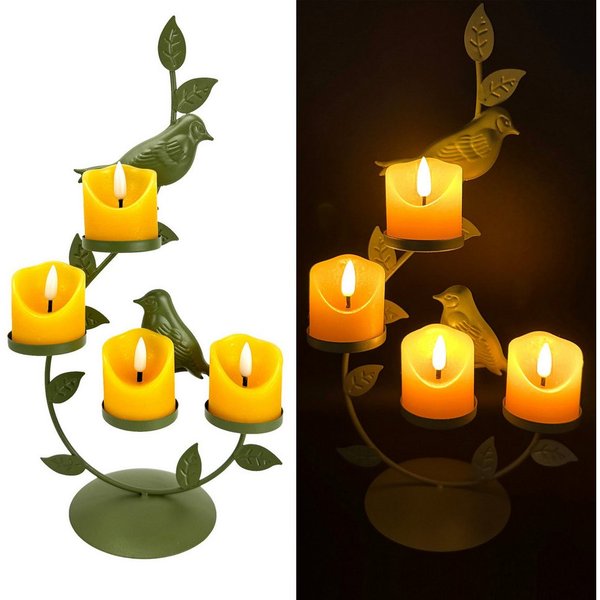 Online-Fuchs Teelichthalter - Kerzenständer inklusive 4 LED-Teelichter mit 6-Stunden Timerfunktion (Weiß oder Grün, mit realistischer Kerzenflamme), Dekoration 