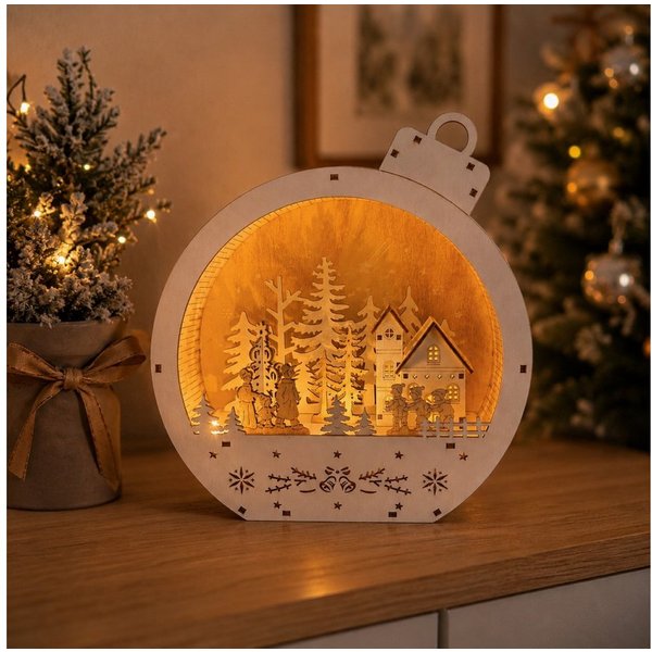 Online-Fuchs Weihnachtsdorf in einer großen Weihnachtskugel aus Holz mit LED-Beleuchtung - Deko, inklusive praktischer 6-Stunden Timerfunktion