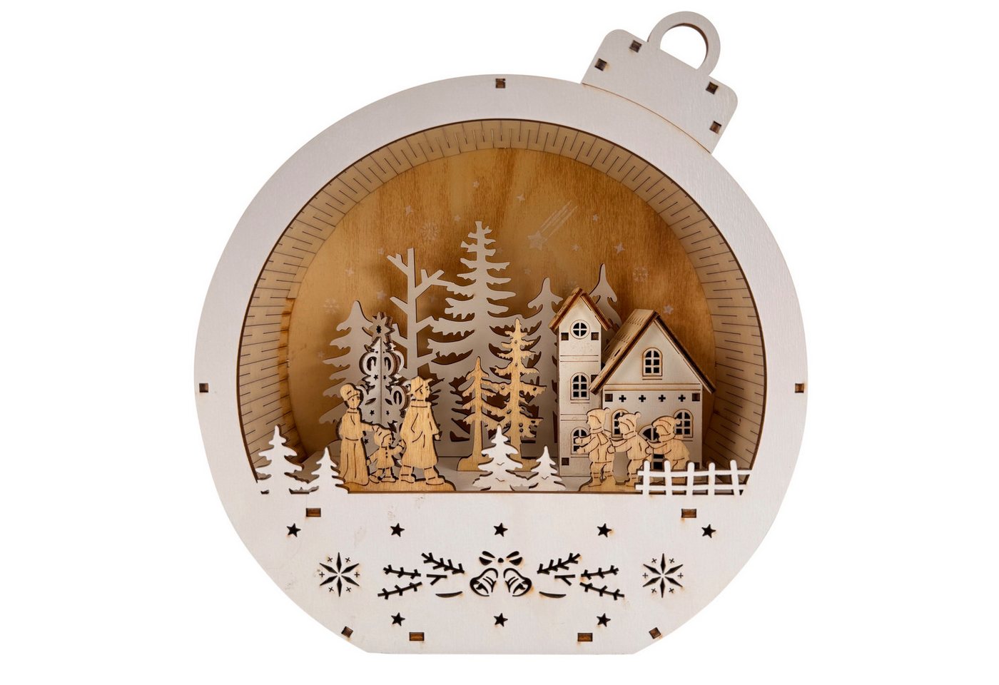 Online-Fuchs Weihnachtsdorf in einer großen Weihnachtskugel aus Holz mit LED-Beleuchtung - Deko, inklusive praktischer 6-Stunden Timerfunktion – Bild 2 von 5