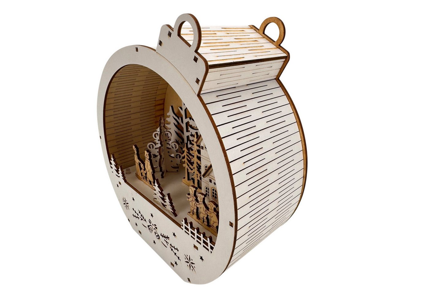 Online-Fuchs Weihnachtsdorf in einer großen Weihnachtskugel aus Holz mit LED-Beleuchtung - Deko, inklusive praktischer 6-Stunden Timerfunktion – Bild 3 von 5