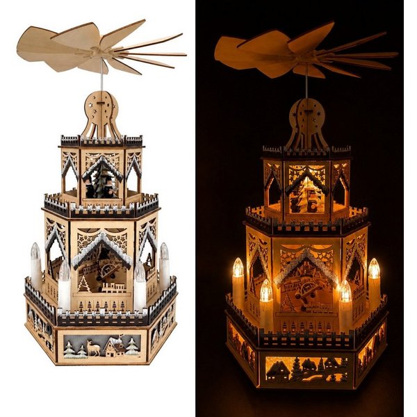 Online-Fuchs Weihnachtspyramide aus Holz, 2-stöckig mit LED-Weihnachtskerzen & Timer - Weihnachtsdeko, praktische 6-Stunden Timerfunktion - 38 cm hoch