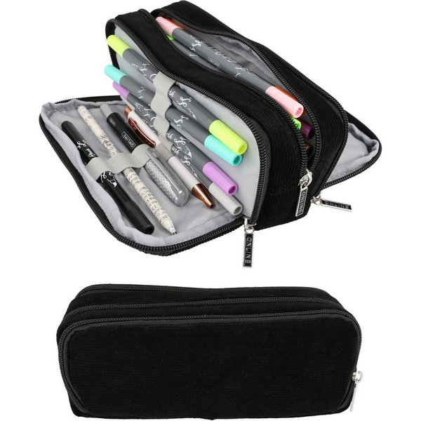 Online Pen Federmäppchen Schlampermäppchen Triple, (Schwarze Federtasche für Jungen und Mädchen), 3 große Fächer, Stifteetui für die Schule, Uni