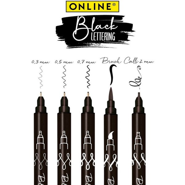 Online Pen Fineliner Black Lettering, 5x Handlettering Stifte Set, schwarz, wasserfest