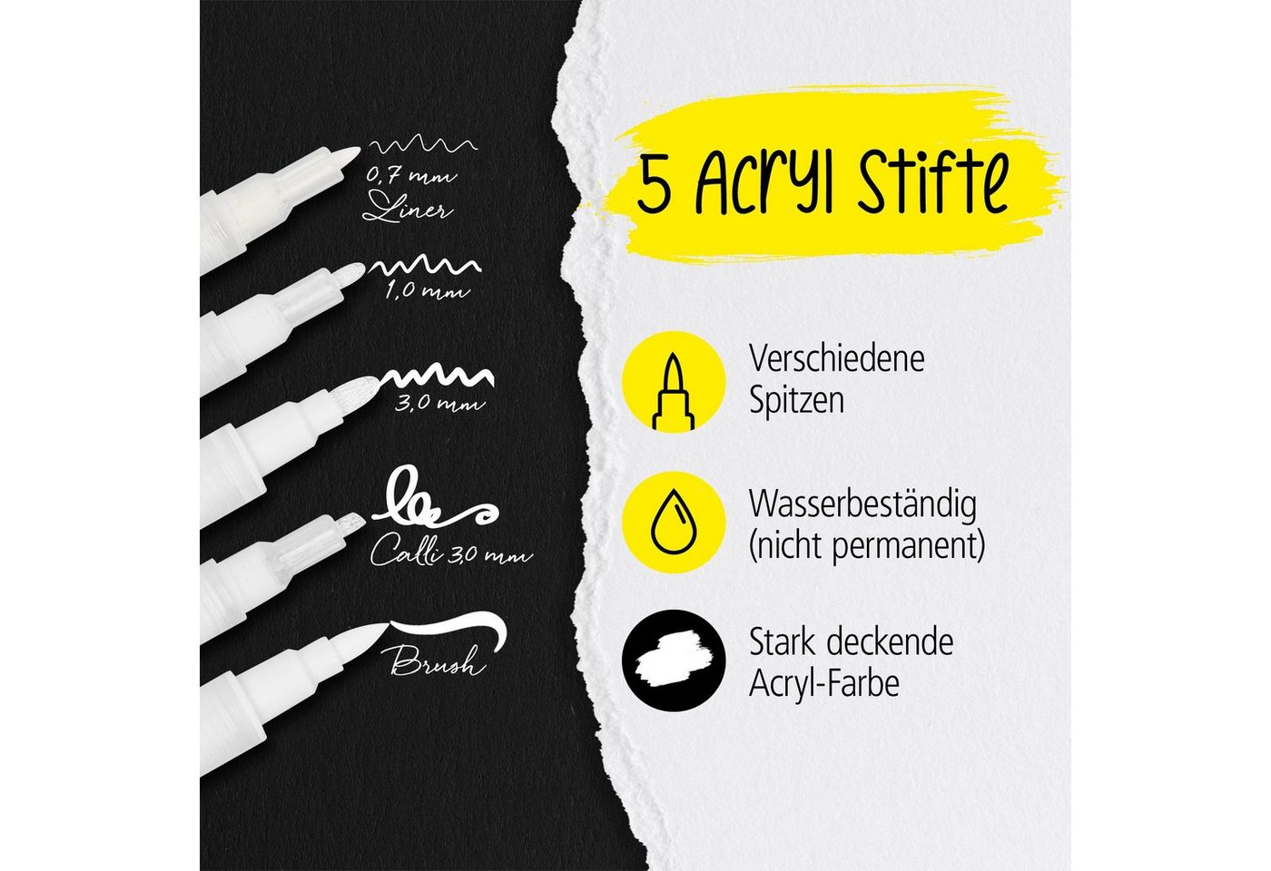 Online Pen Fineliner White Lettering, (5x weiße Acryl-Stifte, deckend, Handlettering-Stifte mit verschiedenen Spitzen), Fineliner, Brushpen, Kalligrafie-Stift – Bild 2 von 5