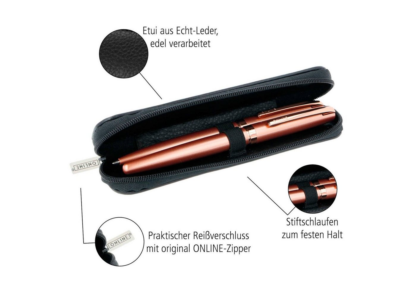 Online Pen Schreibgeräteetui Lederetui, (hochwertiges Füller-Etui), Stifte-Mäppchen aus Echtleder schwarz – Bild 3 von 5