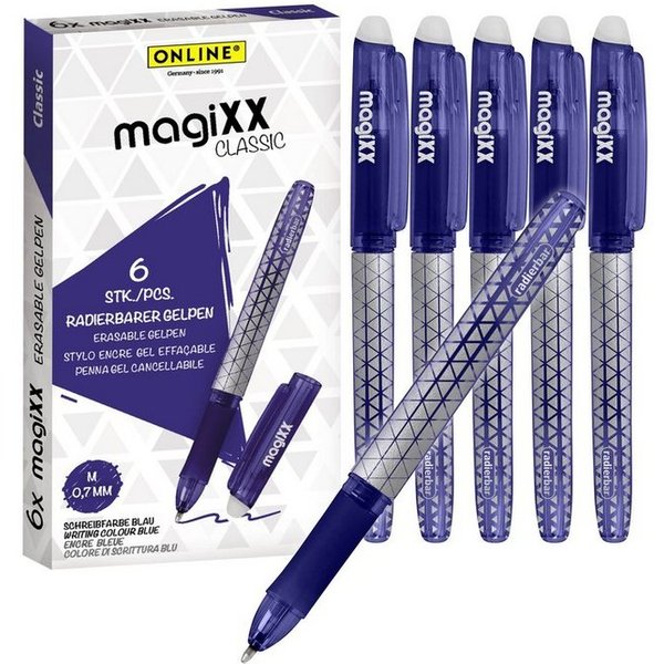Online Pen Tintenroller magiXX Classic, (6x radierbare Gelschreiber blau, ergonomisches Griffstück), Gelpens für Schüler, Studenten, Büro
