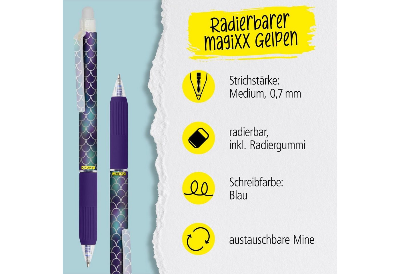 Online Pen Tintenroller magiXX Design, (Radierbarer Gelschreiber blau, Soft-Touch-Griffstück), Gelpen für Schüler, Studenten, Büro – Bild 2 von 5