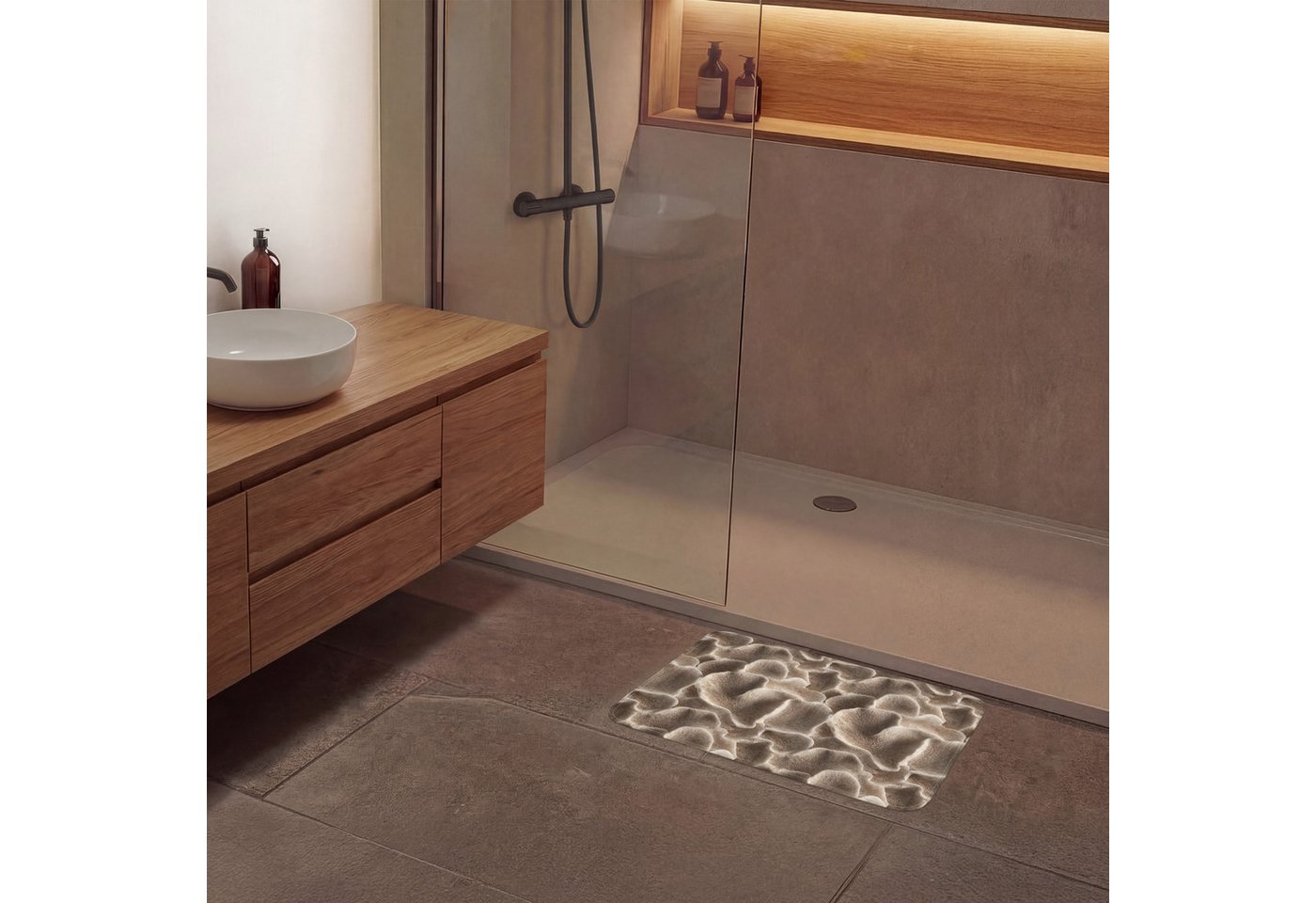 OnlyWow Badematte Fächerform - Beige - Faserstruktur, Höhe 10 mm, Polyester, Rechteckig, Badezimmerteppich, Badteppich, Rutschfest, Badvorleger, Waschbar – Bild 4 von 5