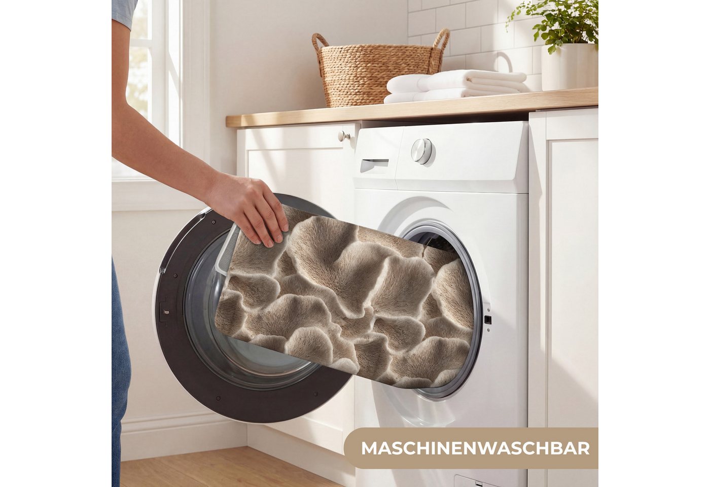 OnlyWow Badematte Fächerform - Beige - Faserstruktur, Höhe 10 mm, Polyester, Rechteckig, Badezimmerteppich, Badteppich, Rutschfest, Badvorleger, Waschbar – Bild 5 von 5
