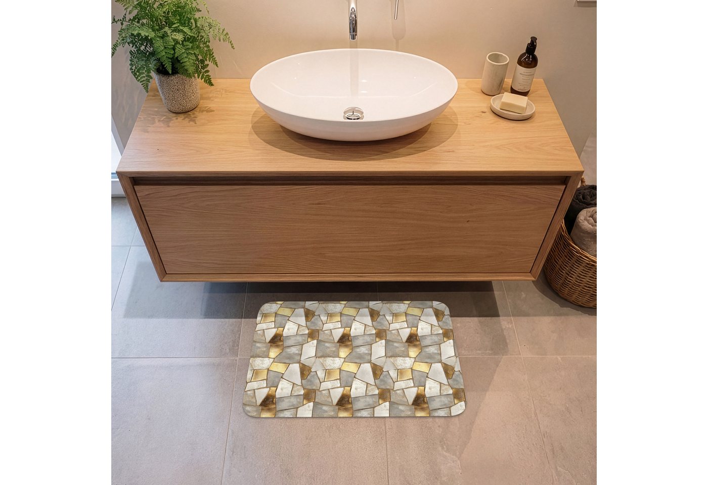 OnlyWow Badematte Mosaik - Marmor - Gold, Höhe 10 mm, Polyester, Rechteckig, Badezimmerteppich, Badteppich, Rutschfest, Badvorleger, Waschbar – Bild 2 von 5