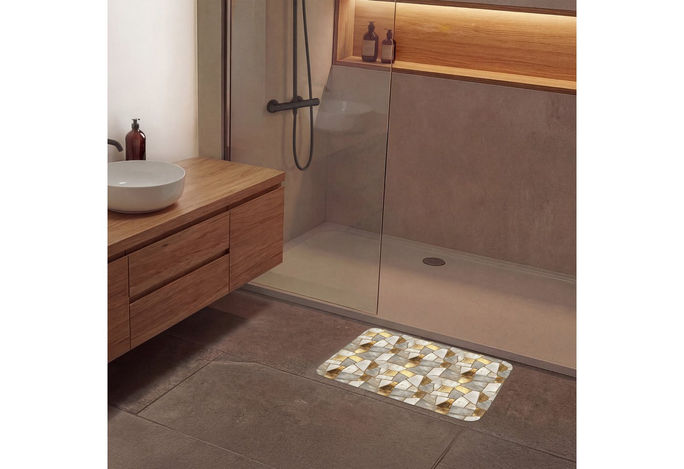 OnlyWow Badematte Mosaik - Marmor - Gold, Höhe 10 mm, Polyester, Rechteckig, Badezimmerteppich, Badteppich, Rutschfest, Badvorleger, Waschbar – Bild 4 von 5