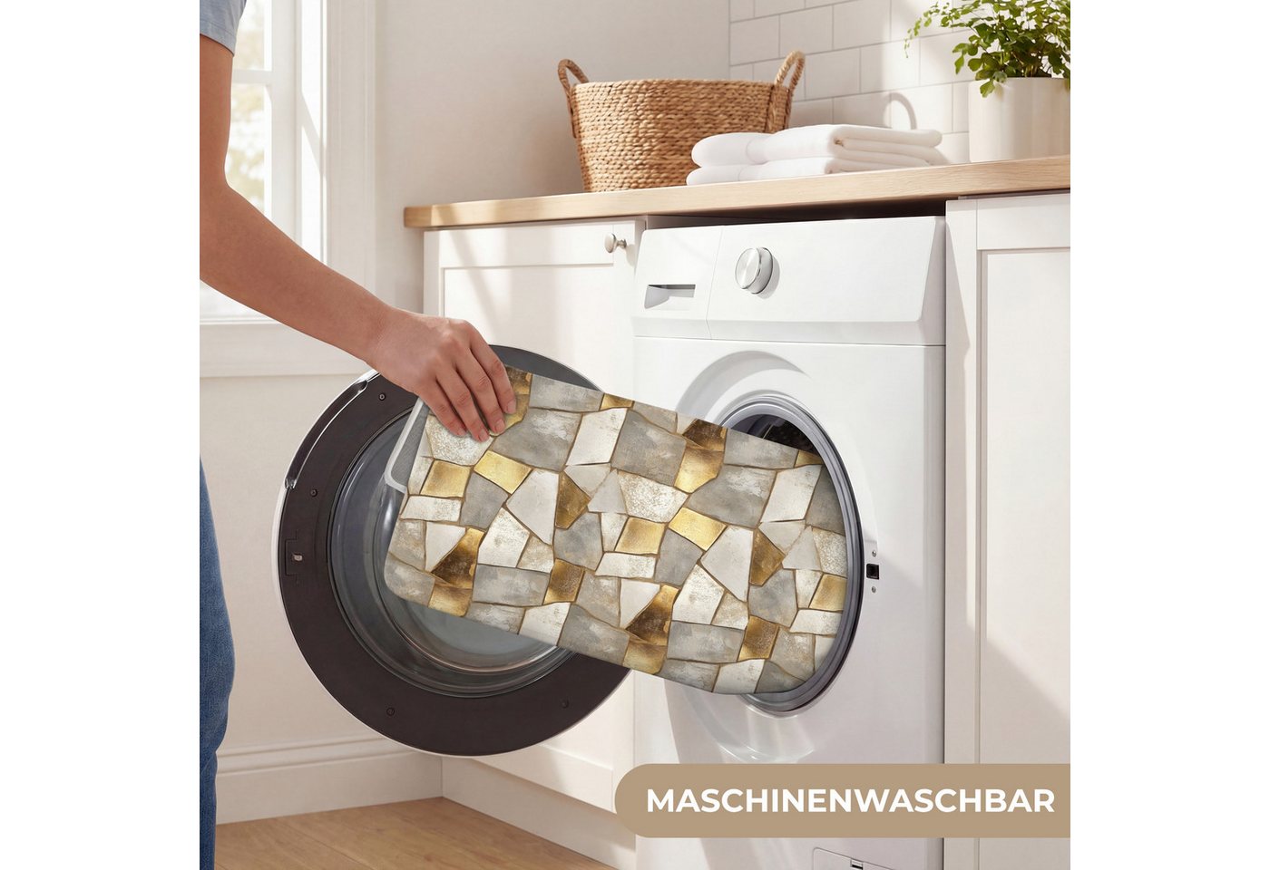 OnlyWow Badematte Mosaik - Marmor - Gold, Höhe 10 mm, Polyester, Rechteckig, Badezimmerteppich, Badteppich, Rutschfest, Badvorleger, Waschbar – Bild 5 von 5