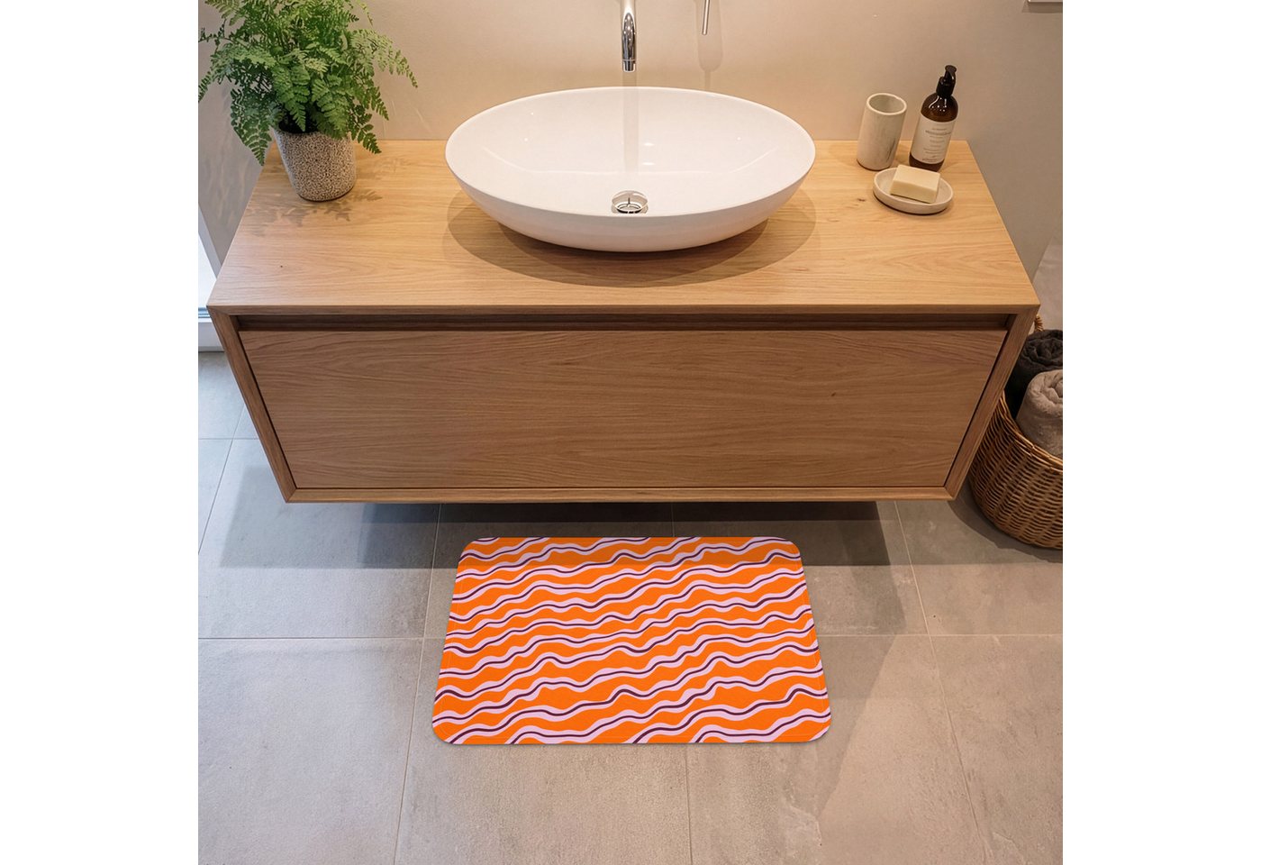 OnlyWow Badematte Retro - Gewellt - Orange, Höhe 10 mm, Polyester, Rechteckig, Badezimmerteppich, Badteppich, Rutschfest, Badvorleger, Waschbar – Bild 2 von 5