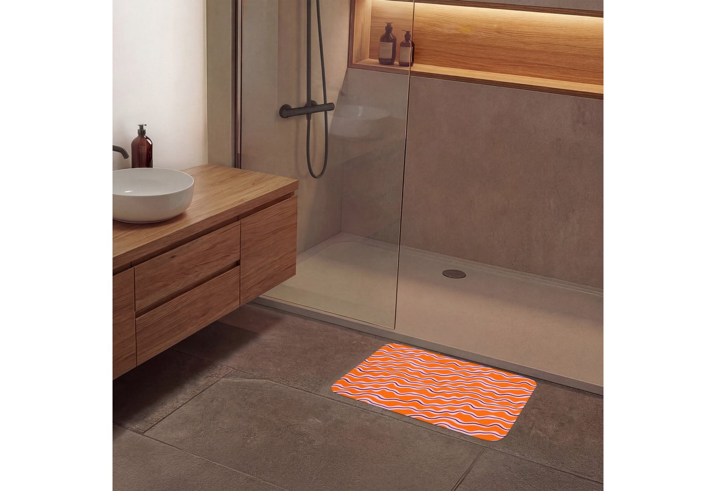 OnlyWow Badematte Retro - Gewellt - Orange, Höhe 10 mm, Polyester, Rechteckig, Badezimmerteppich, Badteppich, Rutschfest, Badvorleger, Waschbar – Bild 4 von 5