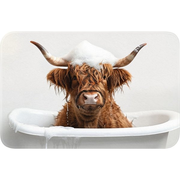 OnlyWow Badematte Schottischer Highlander - Bad - Kuh - Tiere - Schaumstoff, Höhe 10 mm, Polyester, Rechteckig, Badezimmerteppich, Badteppich, Rutschfest, Badvo