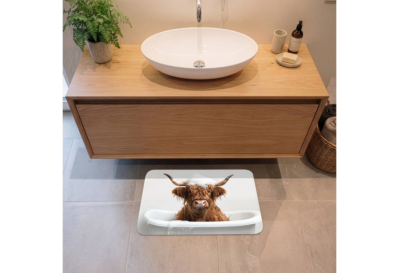 OnlyWow Badematte Schottischer Highlander - Bad - Kuh - Tiere - Schaumstoff, Höhe 10 mm, Polyester, Rechteckig, Badezimmerteppich, Badteppich, Rutschfest, Badvo – Bild 2 von 5