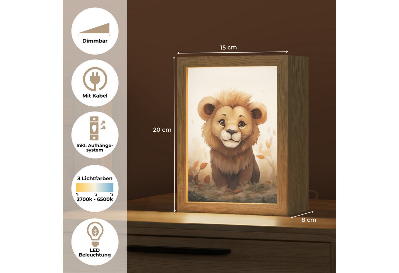 OnlyWow Nachttischlampe Lightbox Löwe - Tiere - Kinder - Braun - Mädchen, Dimmbar, Farbwechsel, LED, Warmweiß, Kaltweiß, Neutralweiß Einstellbar, Kinderzimmer,  – Bild 3 von 5